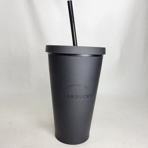 Starbucks Spellout Logo Matte Black Cold Cup with Straw Travel Tumbler 16oz - Picture 1 of 8